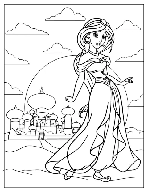 Jasmine se tient à l’extérieur du palais.