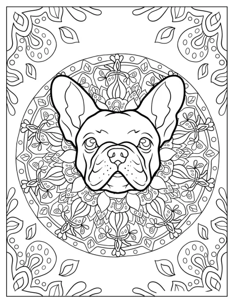 Symmetriske former og fine linjer danner en mandala med en fransk bulldog.