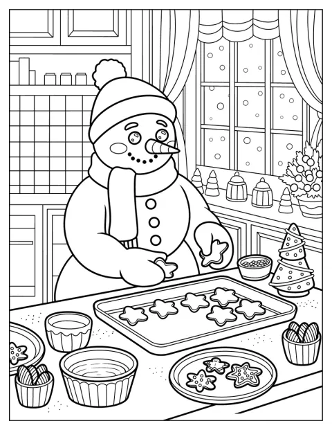 Ein Schneemann backt in einer gemütlichen Küche sternförmige Kekse.