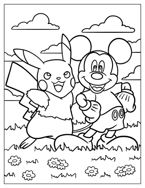 Mickey Mouse está num campo ao lado de Pikachu.