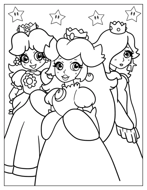 Peach, Rosalina és Daisy hercegnő egymás mellett állnak.