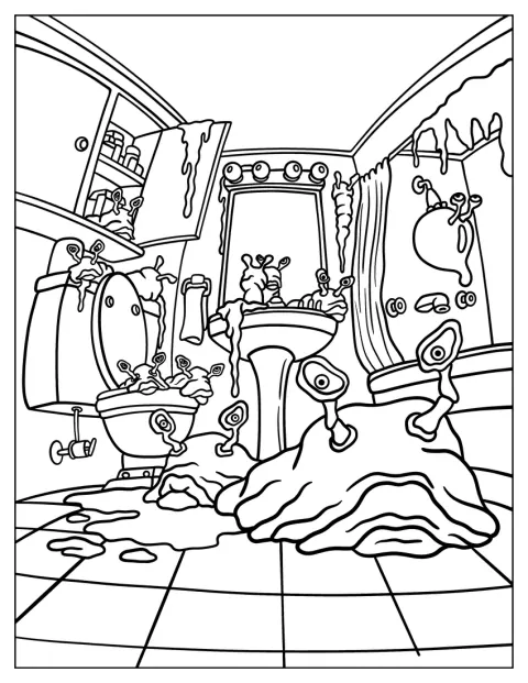 Träge Monster tummeln sich in einem Badezimmer.
