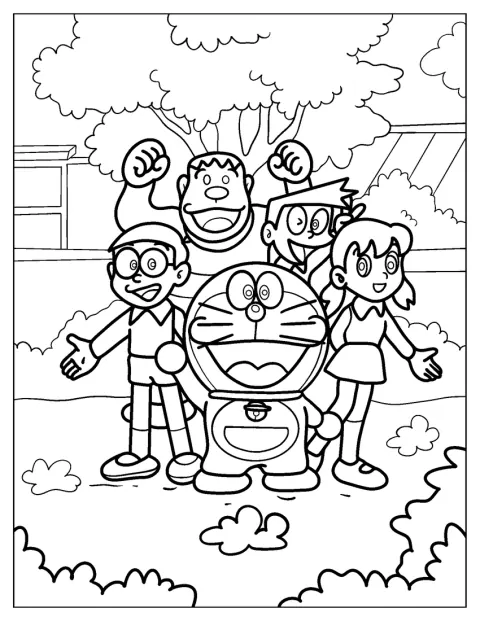 Doraemon, Nobita e os amigos juntam-se numa cena divertida.