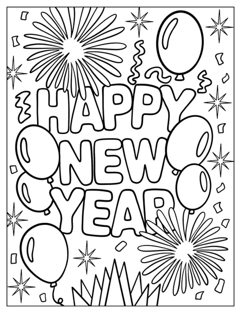 Globos, estrellas y confeti rodean el mensaje «Feliz Año Nuevo».