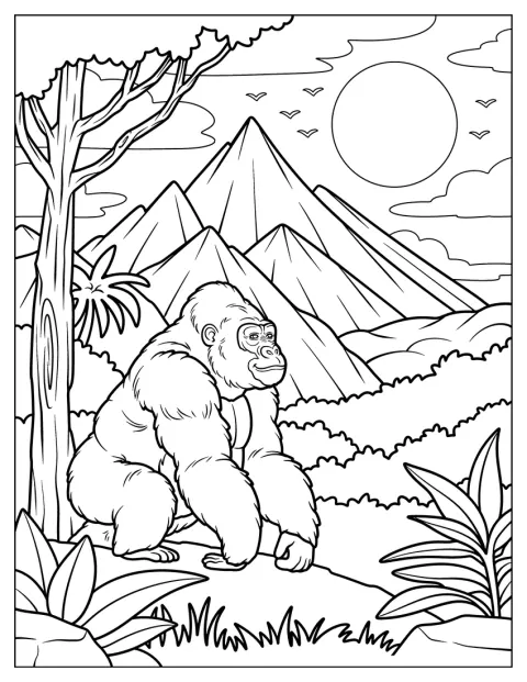 En gorilla sidder fredeligt med udsigt over en bjergjungle.