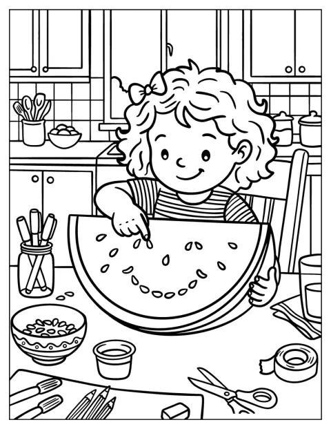 女の子がスイカの種を並べて、にっこり笑う顔を作っています。