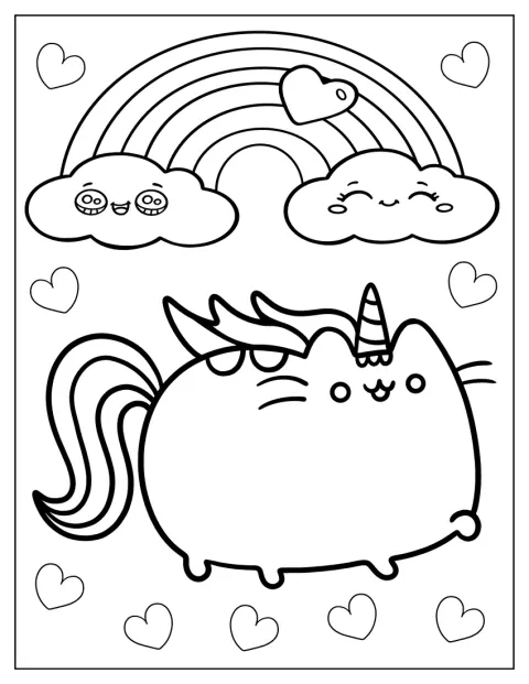 Jednorožčí Pusheen sedí mezi srdíčky pod duhou.