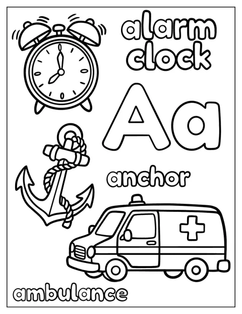 Et A ledsages af en ambulance, et vækkeur og et anker.