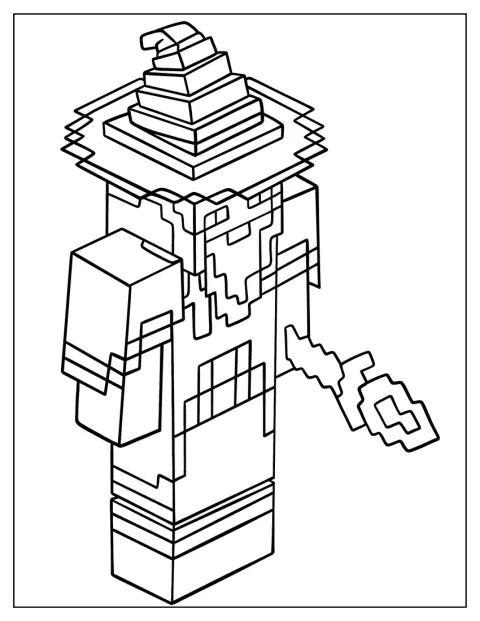 En trollmann i Minecraft-stil står klar til å bruke magi.