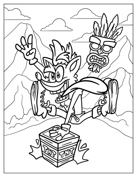 Crash Bandicoot s Aku Aku přeskakuje bednu označenou TNT.