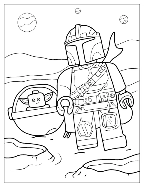 Le Mandalorien accompagne Grogu, installé près de lui dans une scène de Star Wars.