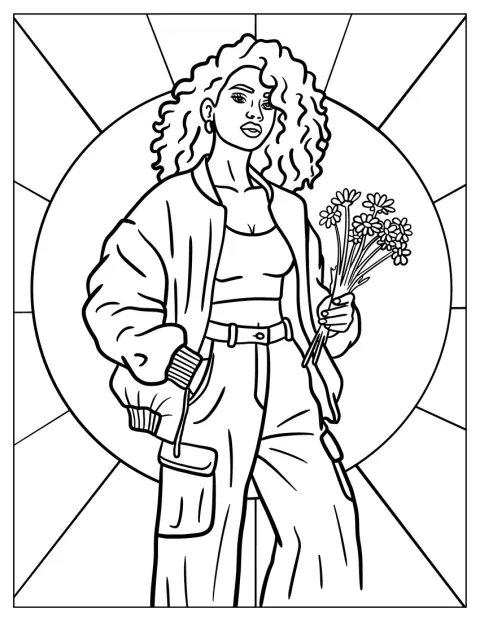 En baddie med vilde krøller holder en buket blomster.