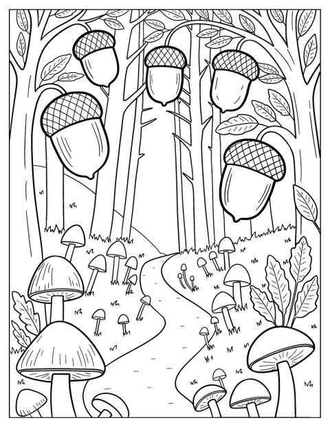 Um trilho atravessa a floresta entre bolotas gigantes e cogumelos.