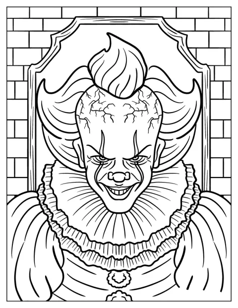 Med et bredt grin stirrer Pennywise frem fra billedet.