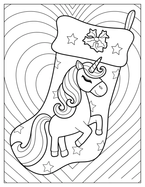 クリスマスの靴下に、かわいいユニコーンのモチーフが描かれています。