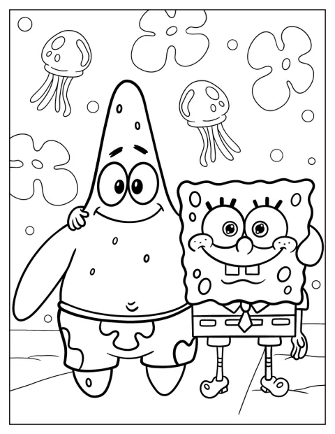 SpongeBob a Patrik Hvězda se šťastně objímají kolem ramen.