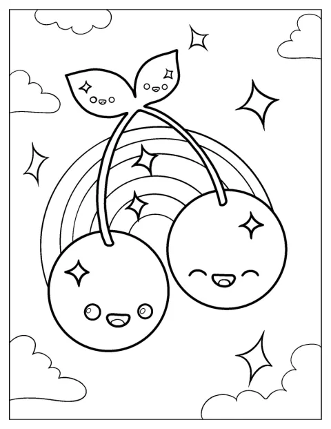 笑顔のさくらんぼたちの上に、虹がかかっています。