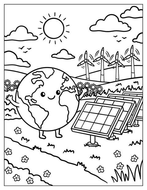 地球が太陽光パネルと風車のある発電所を訪れています。