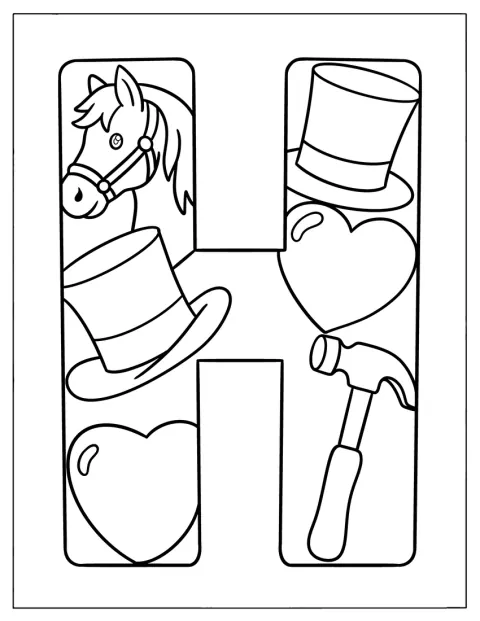 En stor H er omgitt av en hest, hatter, hjerter og en hammer.