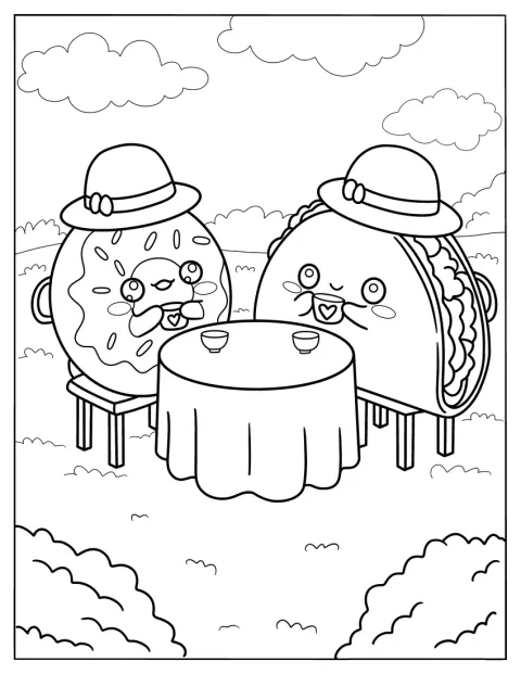 Una ciambella e un taco condividono una tazza di tè durante una festa.