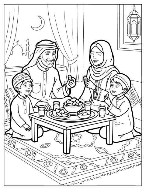 På golvet äter en muslimsk familj kvällens iftarmåltid tillsammans.