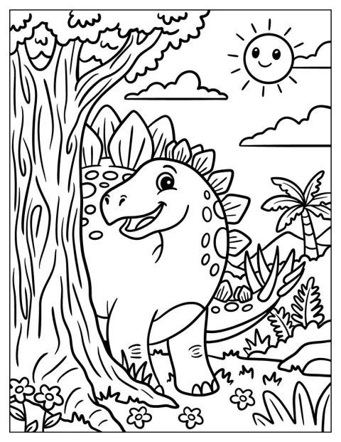 Um Stegosaurus está de pé ao lado de uma árvore num jardim tropical.