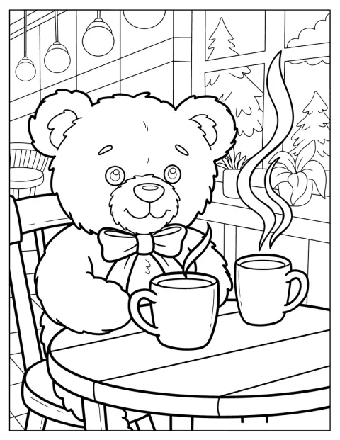 Um urso de peluche descansa tranquilamente num café.