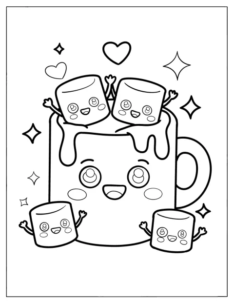 Una taza sonriente está llena de nubes de azúcar y destellos.