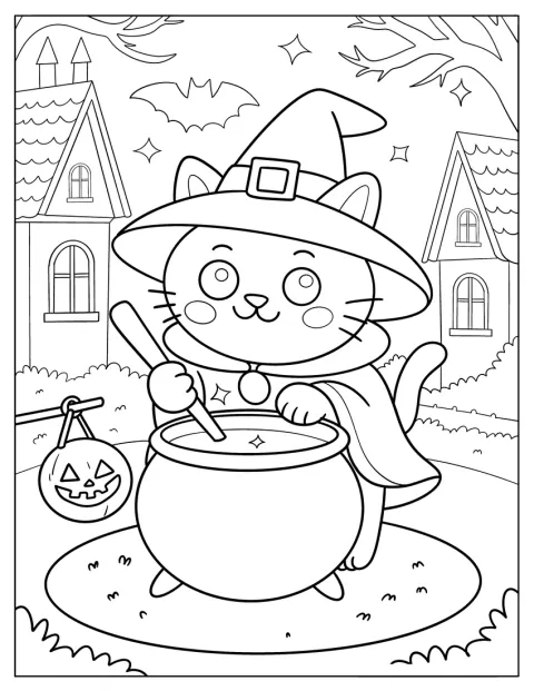 Un gatto mescola un calderone da strega in una scena di Halloween.
