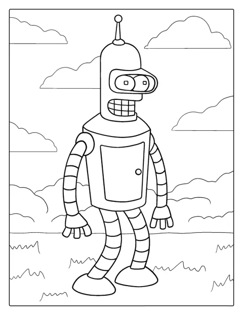Bender, de robot uit Futurama, staat afgebeeld.