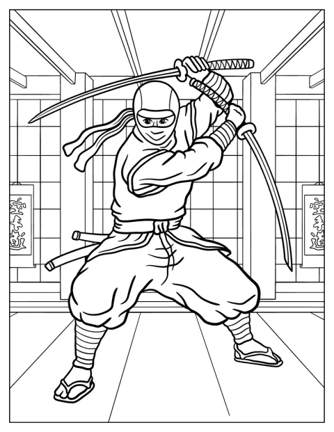 Deux épées à la main, un ninja se bat contre un adversaire.