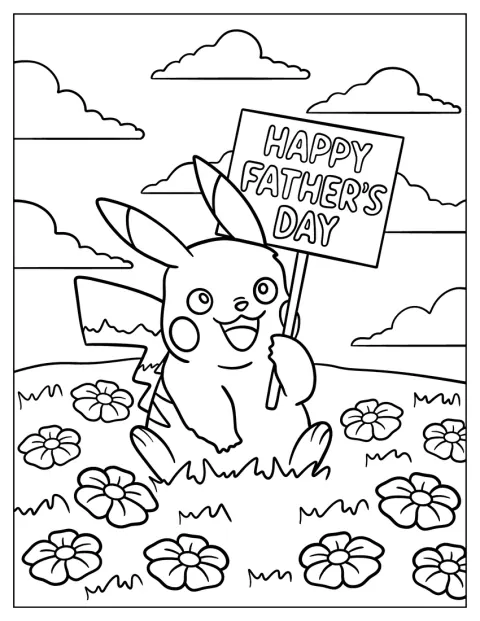 Pikachu est assis dans un champ de fleurs avec une pancarte pour la fête des Pères.