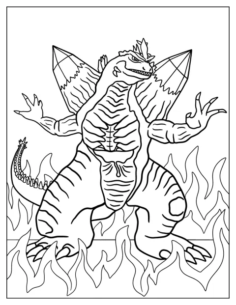SpaceGodzilla ergue-se no meio do fogo.