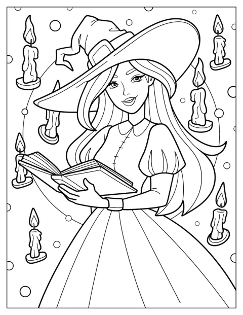 Lovely Witch Coloring Page Reading From A Spellbook