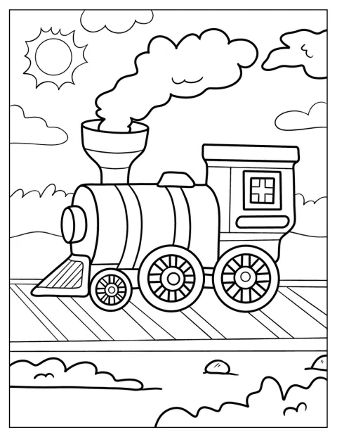 Een eenvoudige speelgoedtrein rijdt over het spoor.