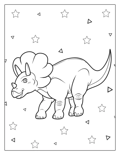 Een vrolijke Triceratops kijkt je aan.