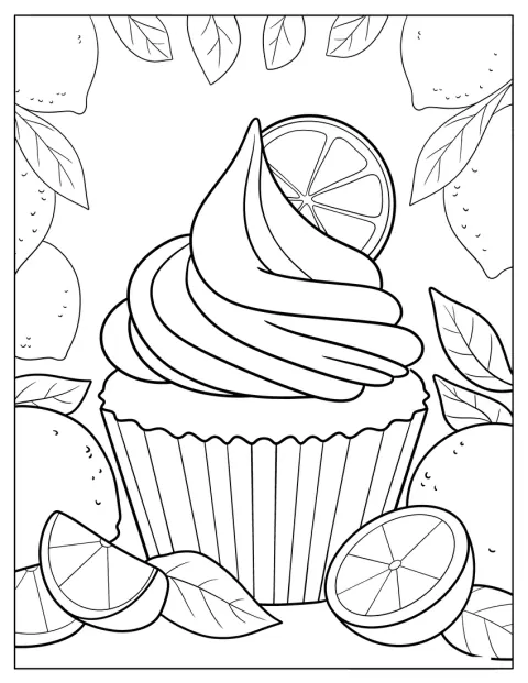 Ein Cupcake mit Zitrone wird von Zitrusscheiben und Blättern umrahmt.
