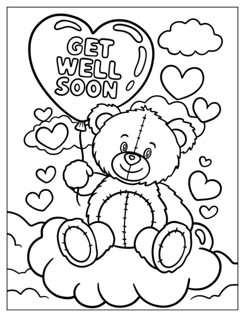 En nuttet bamse holder en hjerteformet ballon med en God bedring-hilsen.