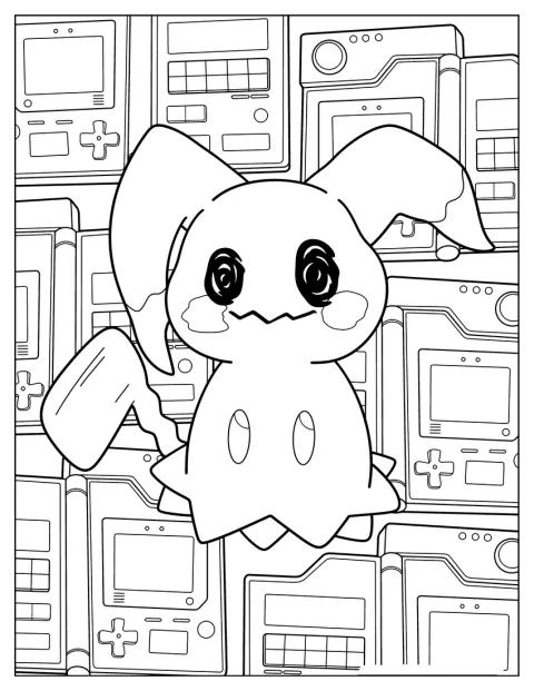 Mimikyu stă lângă o consolă de jocuri, într-o scenă cu tematică de gaming.