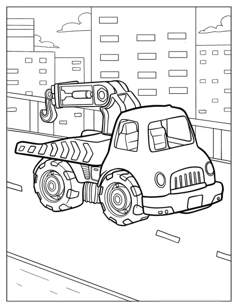 ビルが並ぶ街の中を、漫画風のレッカー車が走っています。