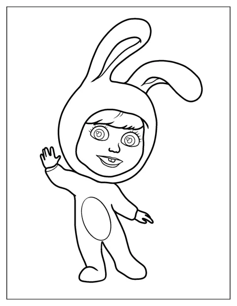 Masha står i en sød heldragt med kaninører.