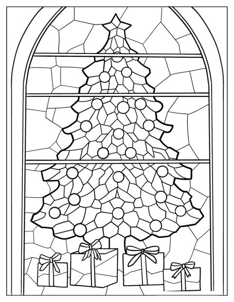 Een versierde kerstboom is afgebeeld in een patroon van glas-in-lood.