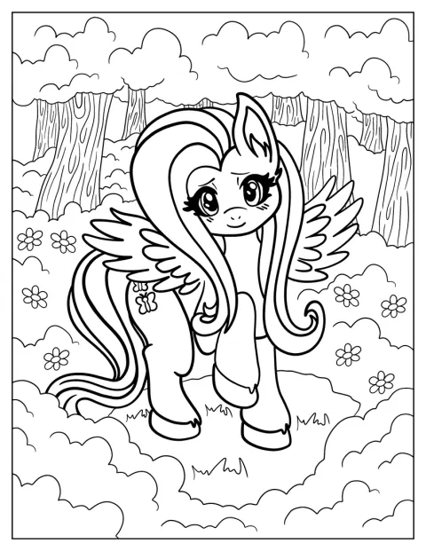 Fluttershy steht zwischen Bäumen tief im Wald.