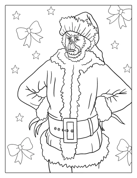 Grinch je oblečený od hlavy až k patě jako Santa Claus.
