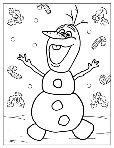 Olaf se usmívá mezi vánočními dekoracemi.