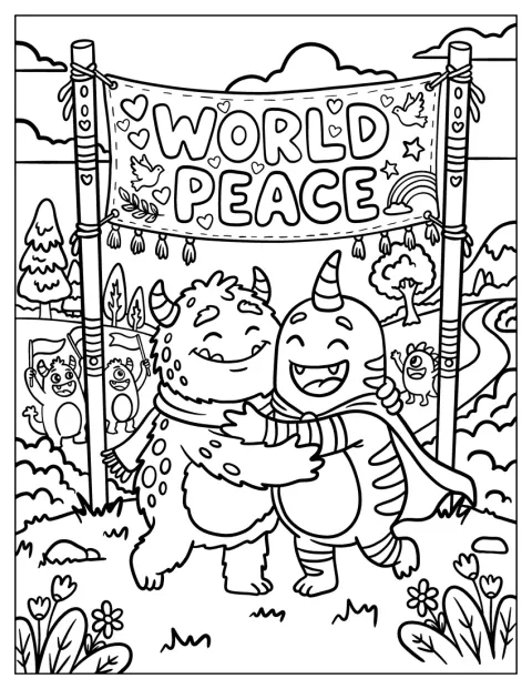 Varios monstruos amistosos se abrazan bajo una pancarta por la paz mundial.