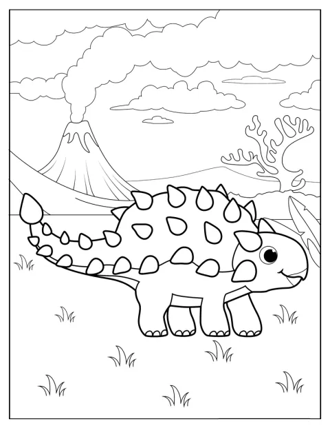 Ein niedlicher Chibi-Ankylosaurus steht vor einem Vulkan.