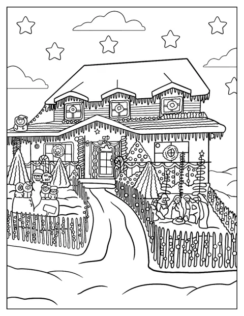 Ein Haus ist vom Dach bis zu den Fenstern mit Weihnachtslichtern geschmückt.
