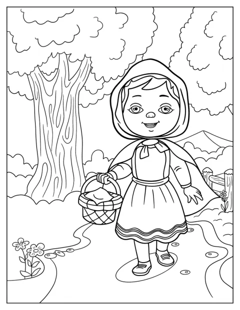 O Capuchinho Vermelho caminha pela floresta com um cesto na mão.