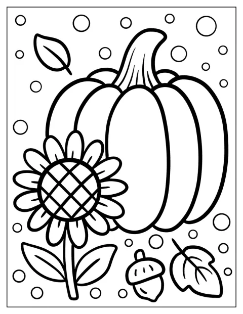 Neben einem großen Kürbis liegen eine Sonnenblume und eine Eichel.